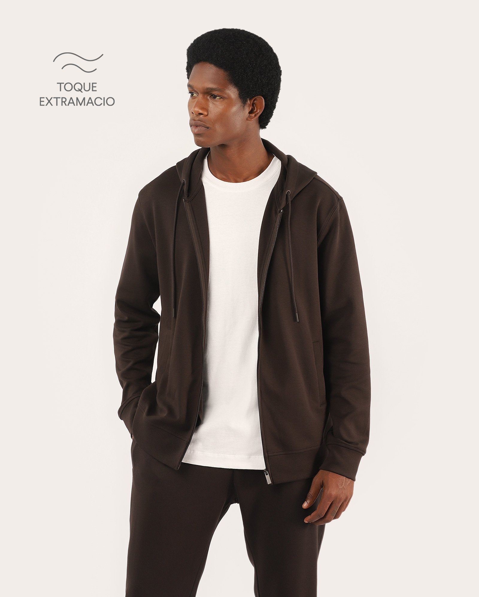 Jaqueta de moletom encorpado masculina com capuz - Marrom Escuro