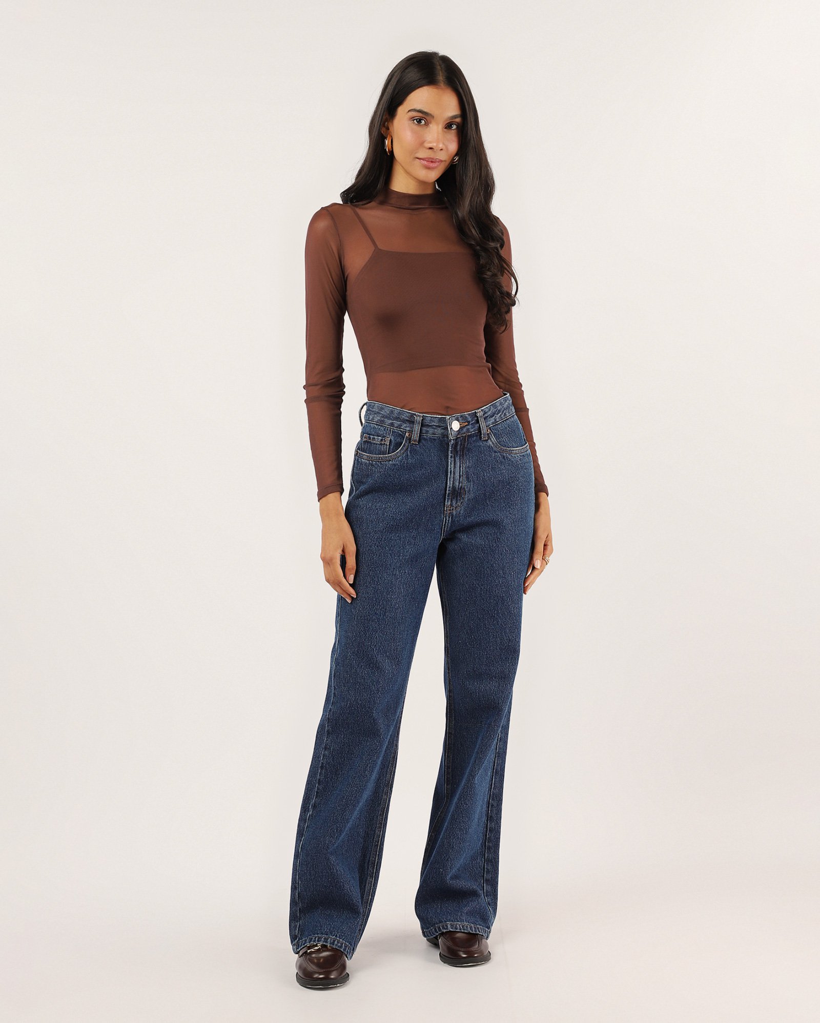 Blusa feminina manga longa de tule - marrom