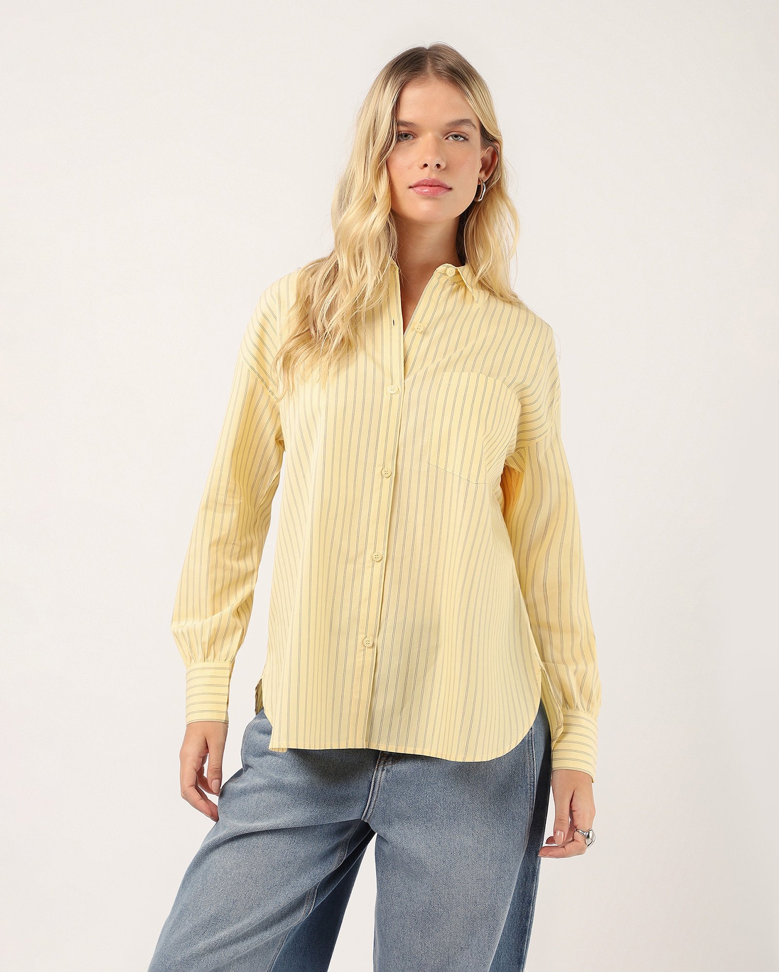 Camisa feminina manga longa listrada – amarelo