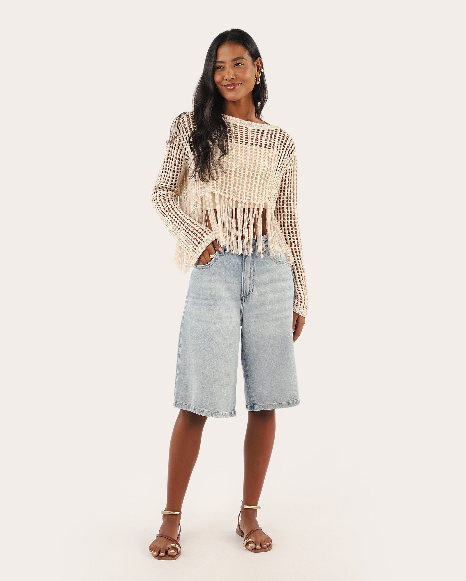 Blusa feminina em tricot com franjas - bege
