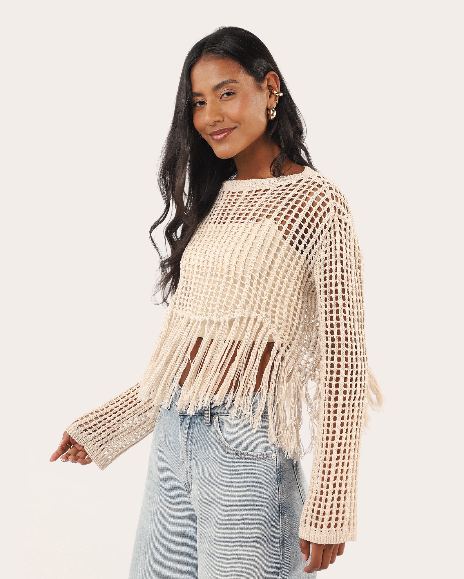 Blusa feminina em tricot com franjas - bege