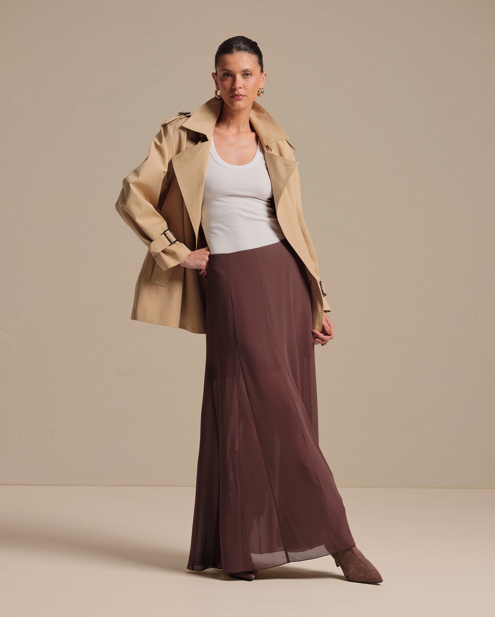 Saia longa cintura alta chiffon - Marrom