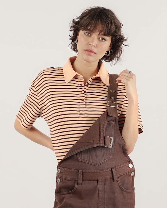 Polo feminina oversized suedine listrada - Laranja Claro