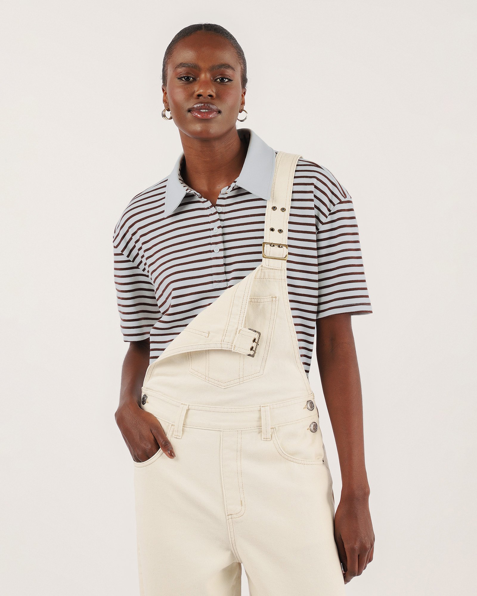 Camisa polo feminina oversized suedine listrada - azul