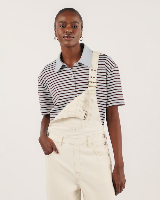 Polo feminina oversized suedine listrada - Azul Claro