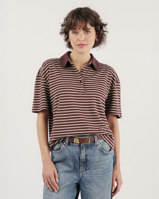 Polo feminina oversized suedine listrada - Vinho