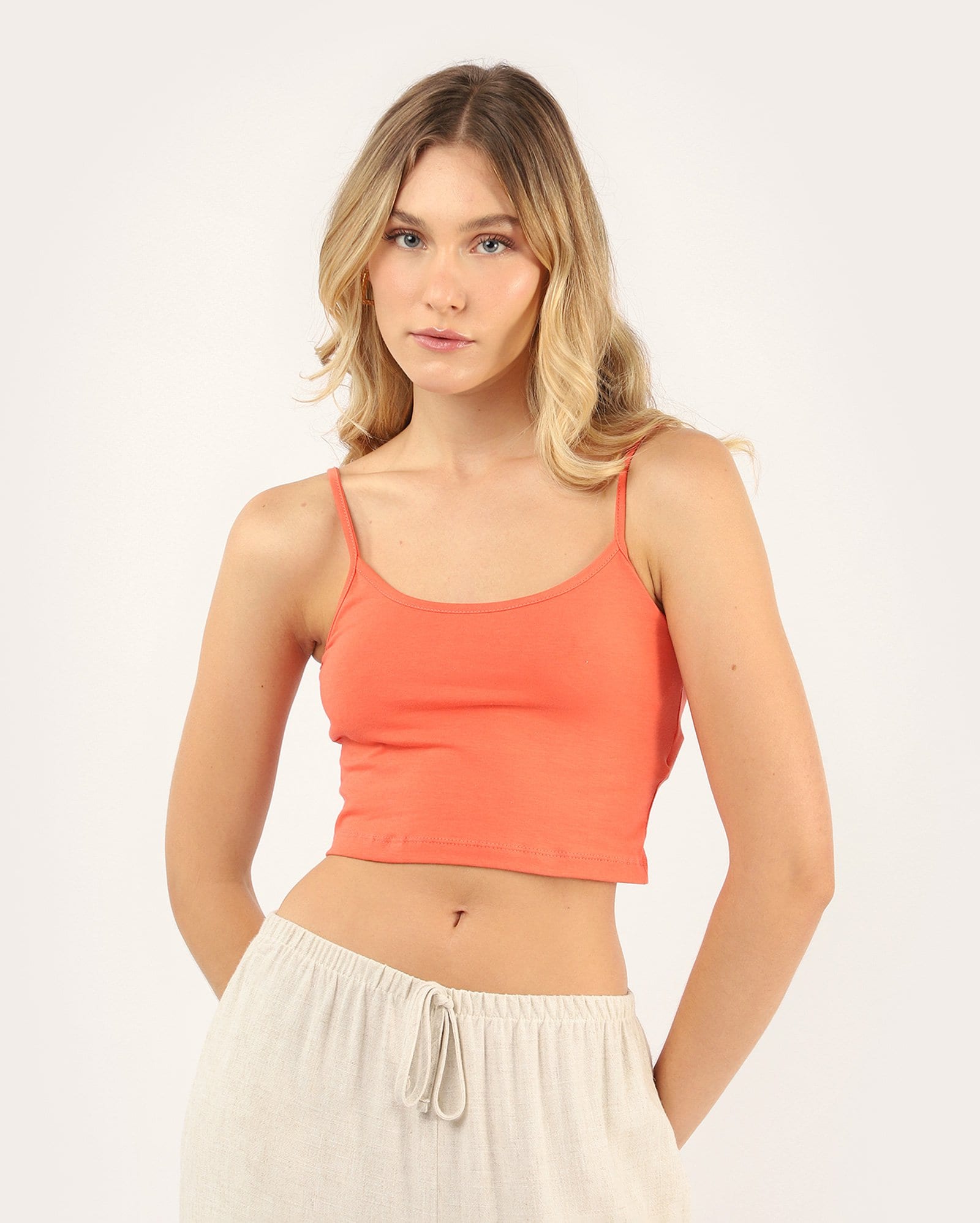 Regata cropped de algodão com decote u - Laranja