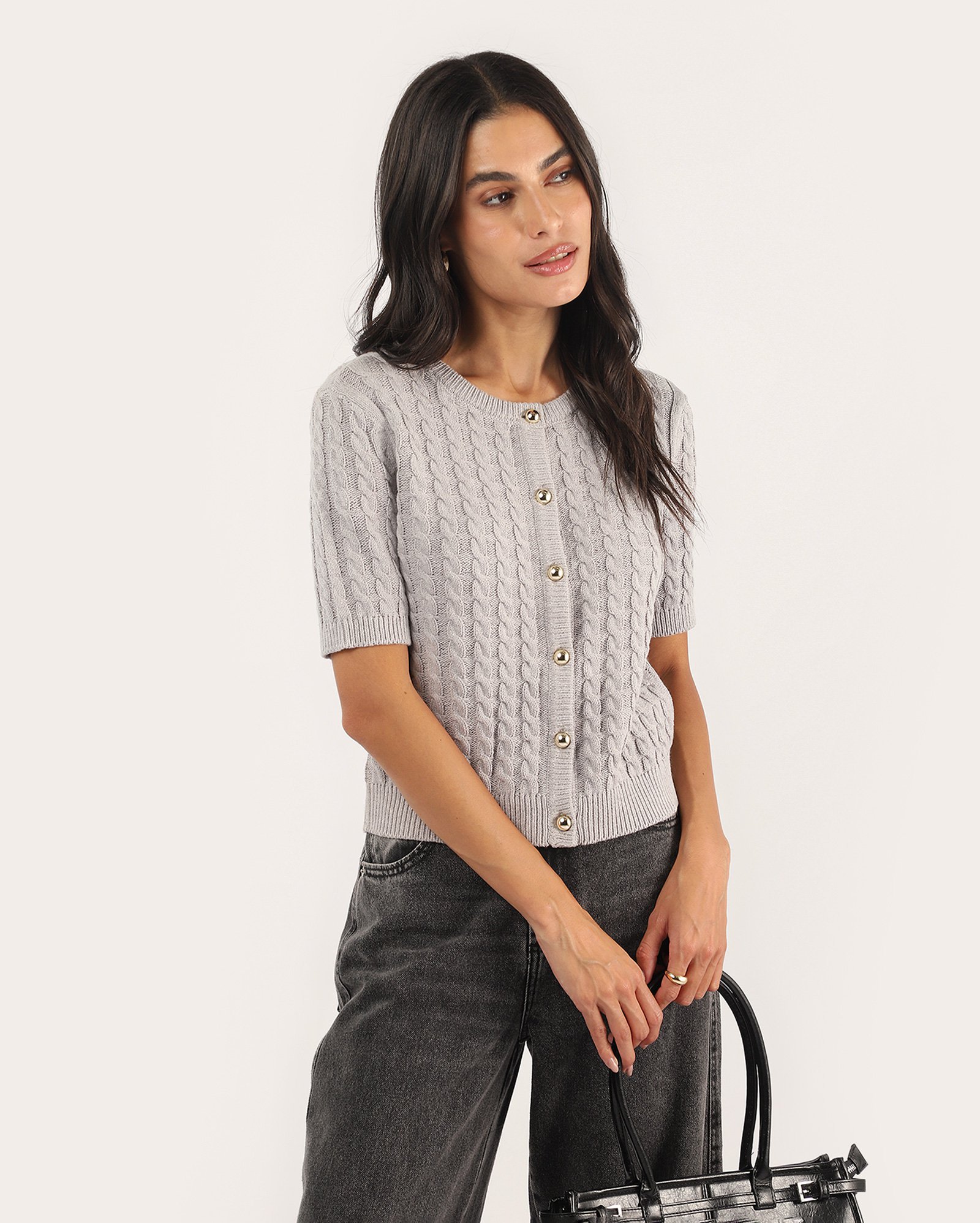 Blusa feminina tricot trançado - cinza