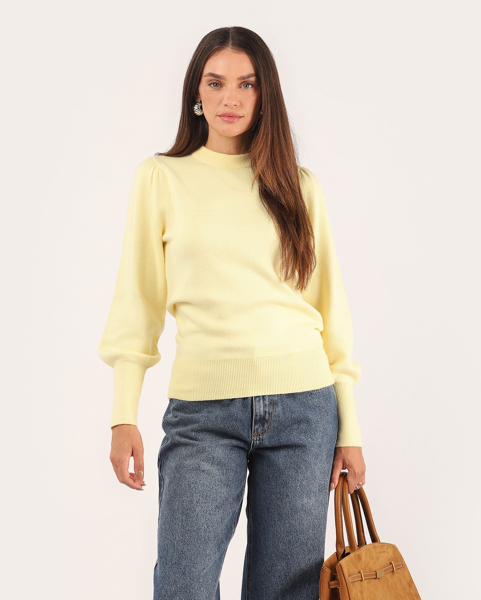 Suéter feminino manga longa bufante - Amarelo Claro