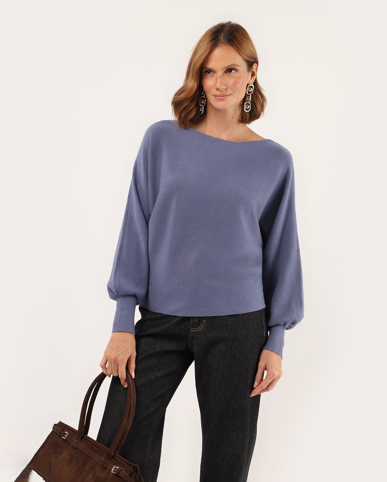 Blusa feminina de tricot manga morcego bufante - Azul