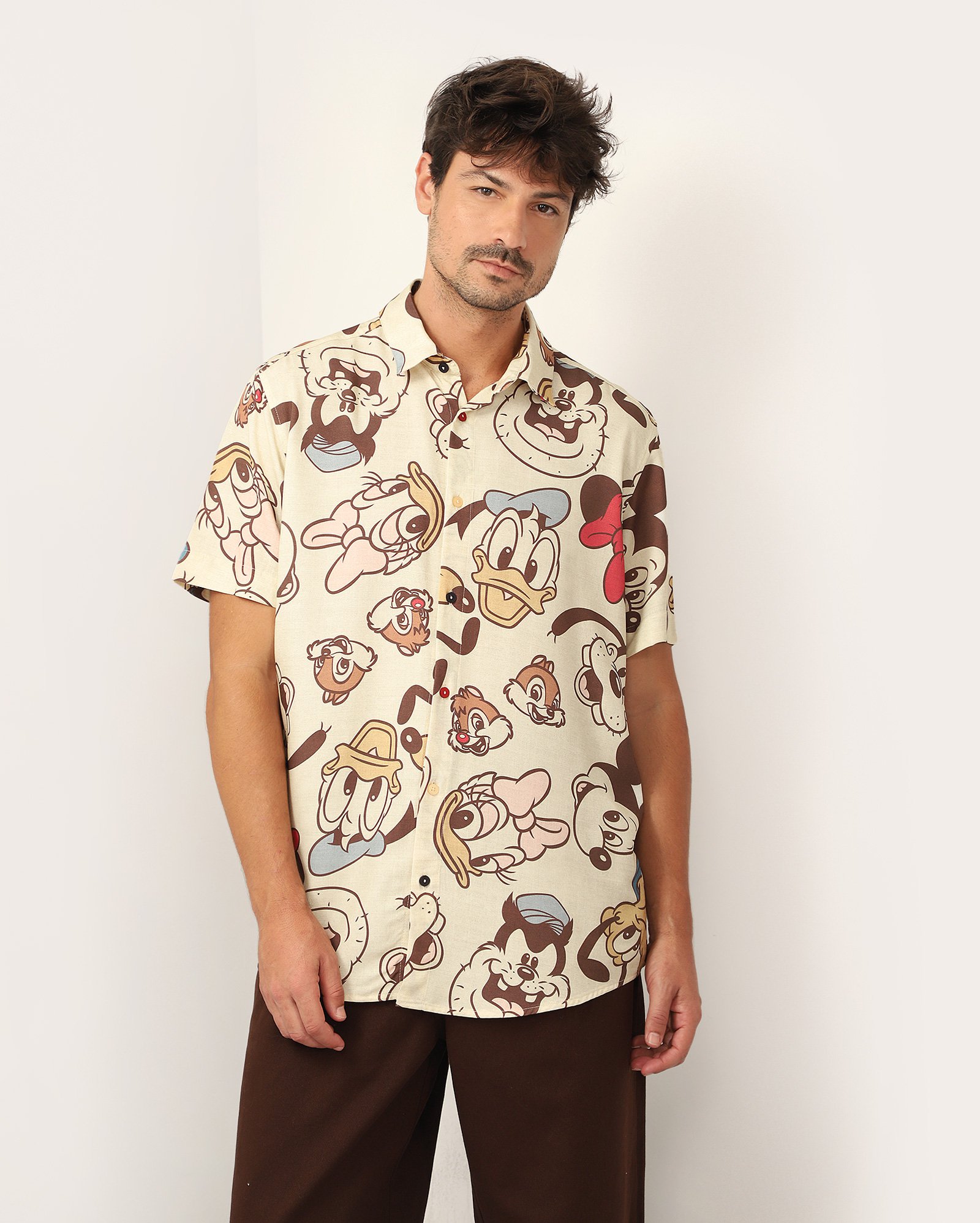 Camisa masculina Mickey em viscose - bege | FANLAB