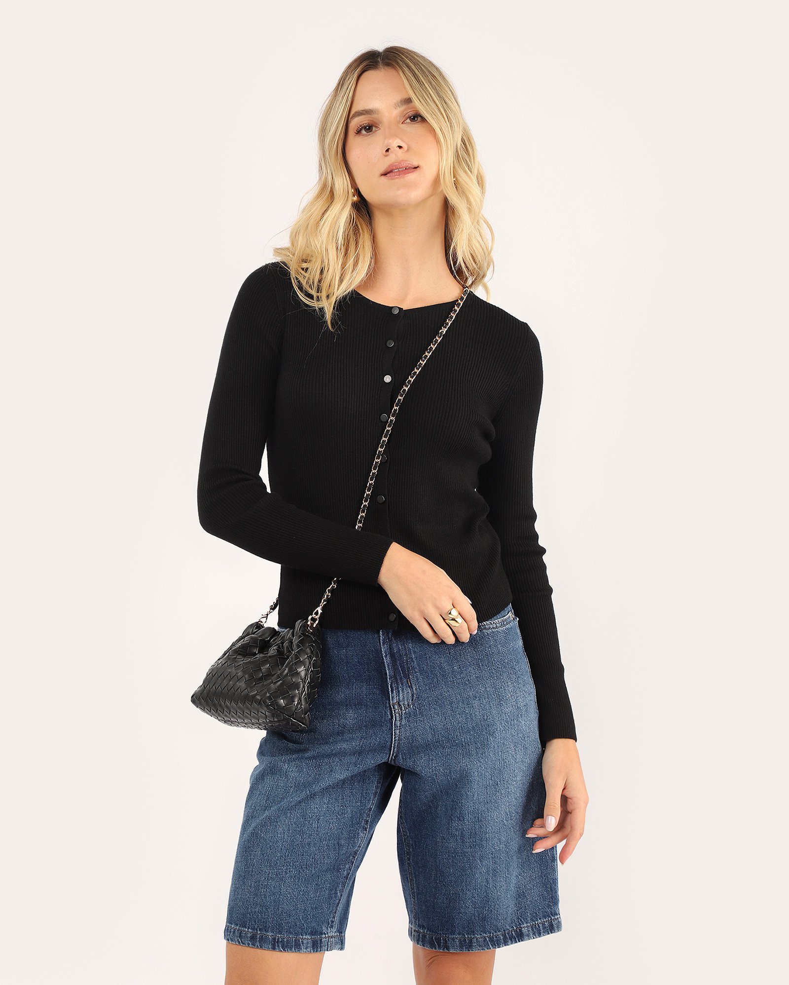 Cardigan feminino tricot canelado - Preto