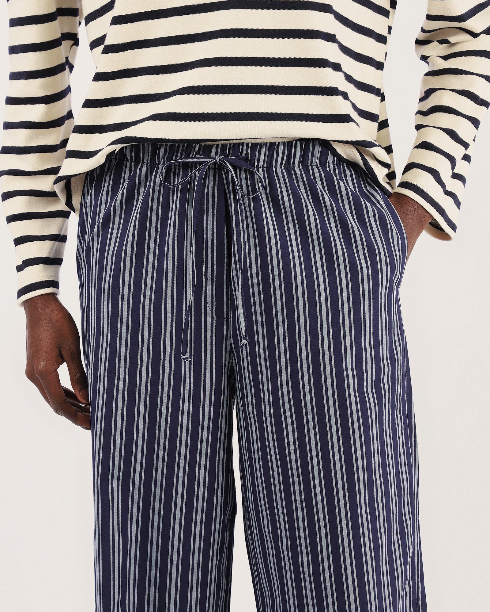 Calça feminina pantalona de tricoline com elástico listrada - azul