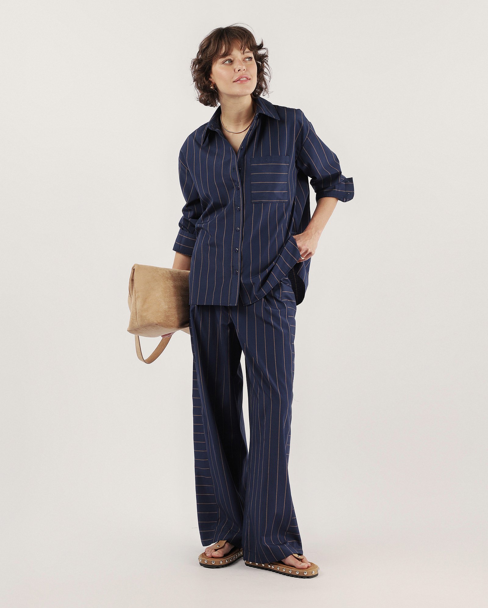 Calça feminina alfaiatada de tricoline listrada - azul