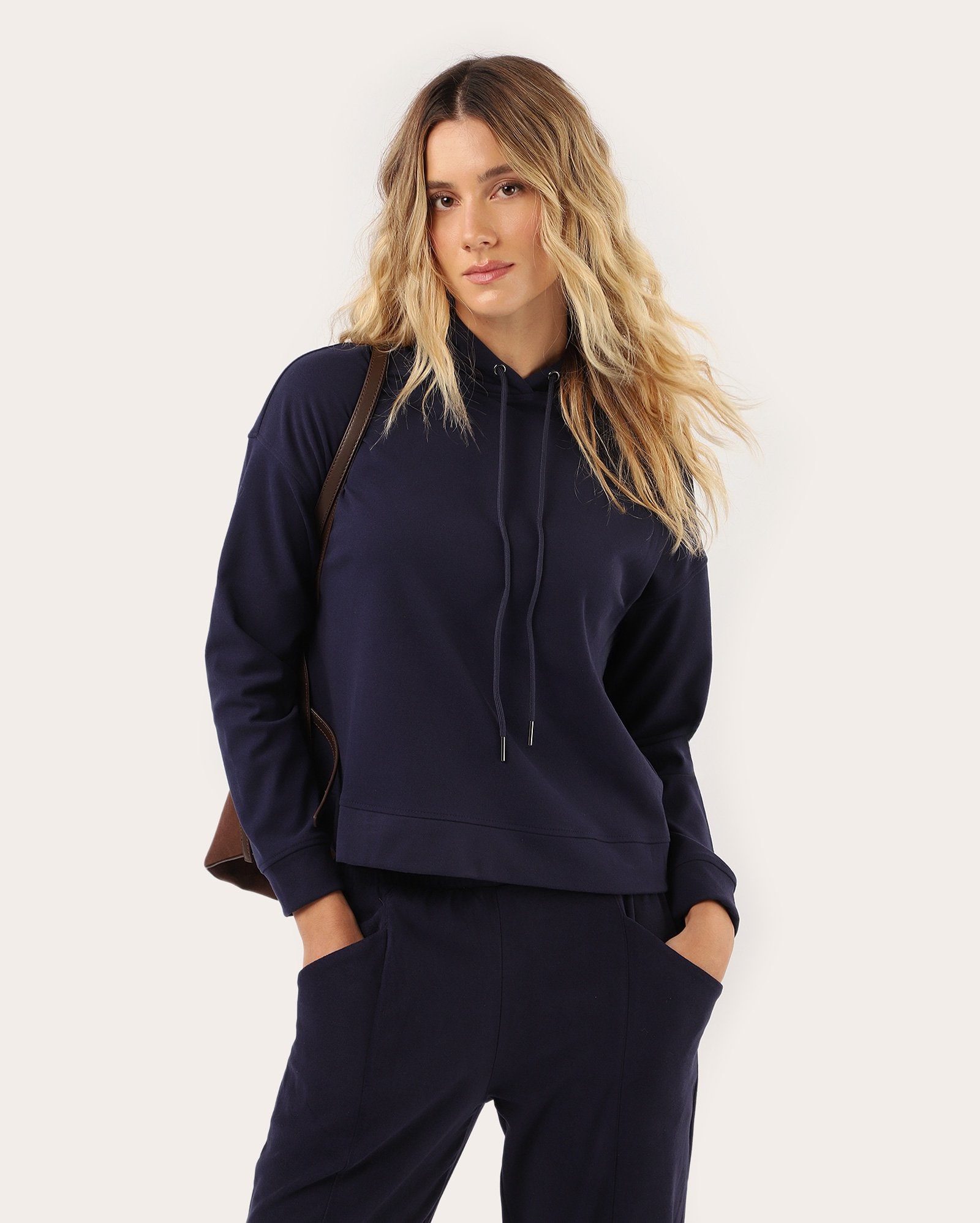 Blusa de moletom feminina com capuz peletizada - azul