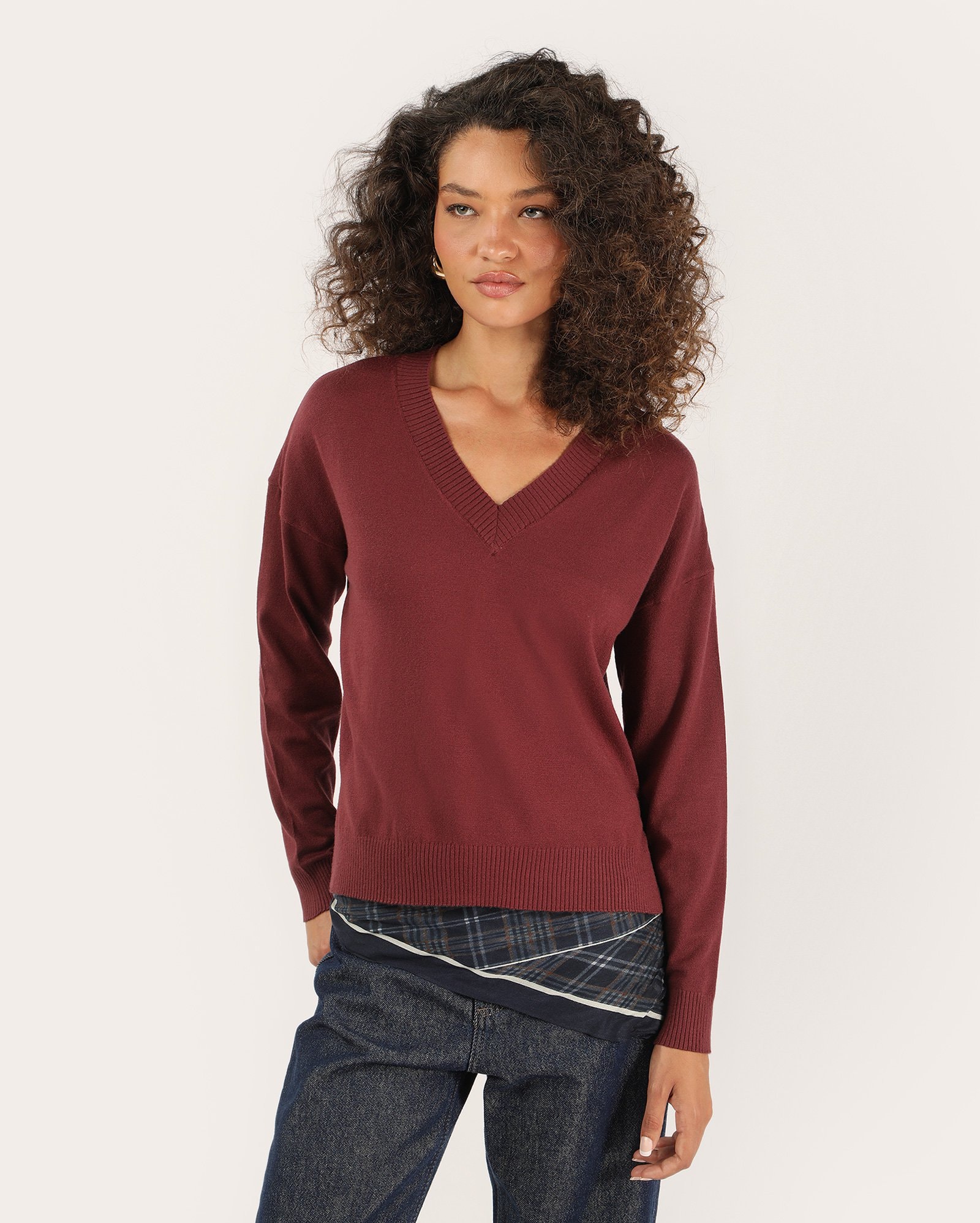 Suéter feminino amplo em tricot - vinho
