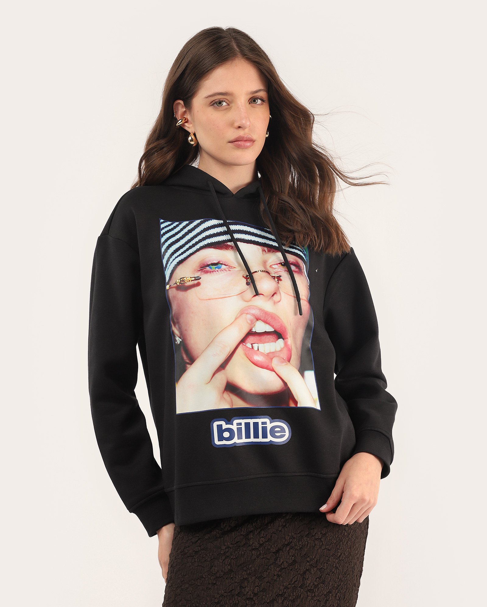 Moletom feminino com capuz e felpa - preto | Billie Eilish