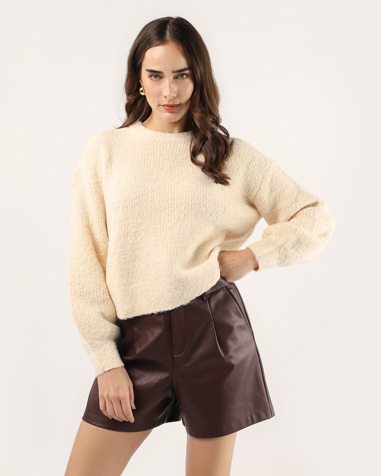 Suéter feminino de tricot texturizado - bege