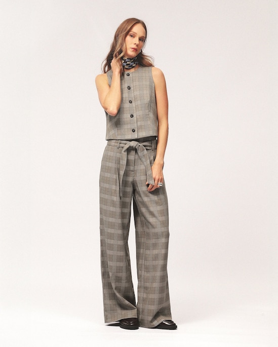 Calça feminina alfaiatada príncipe de gales - bege