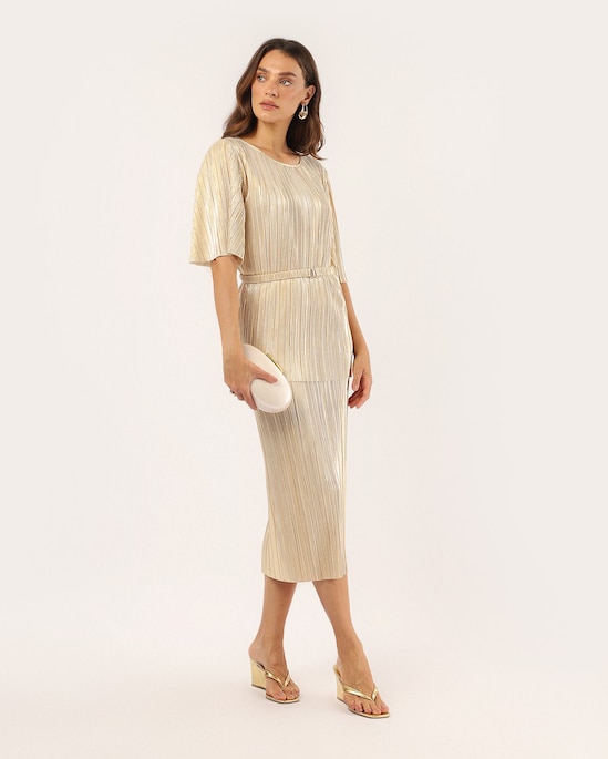 Saia midi reta metalizada plissada