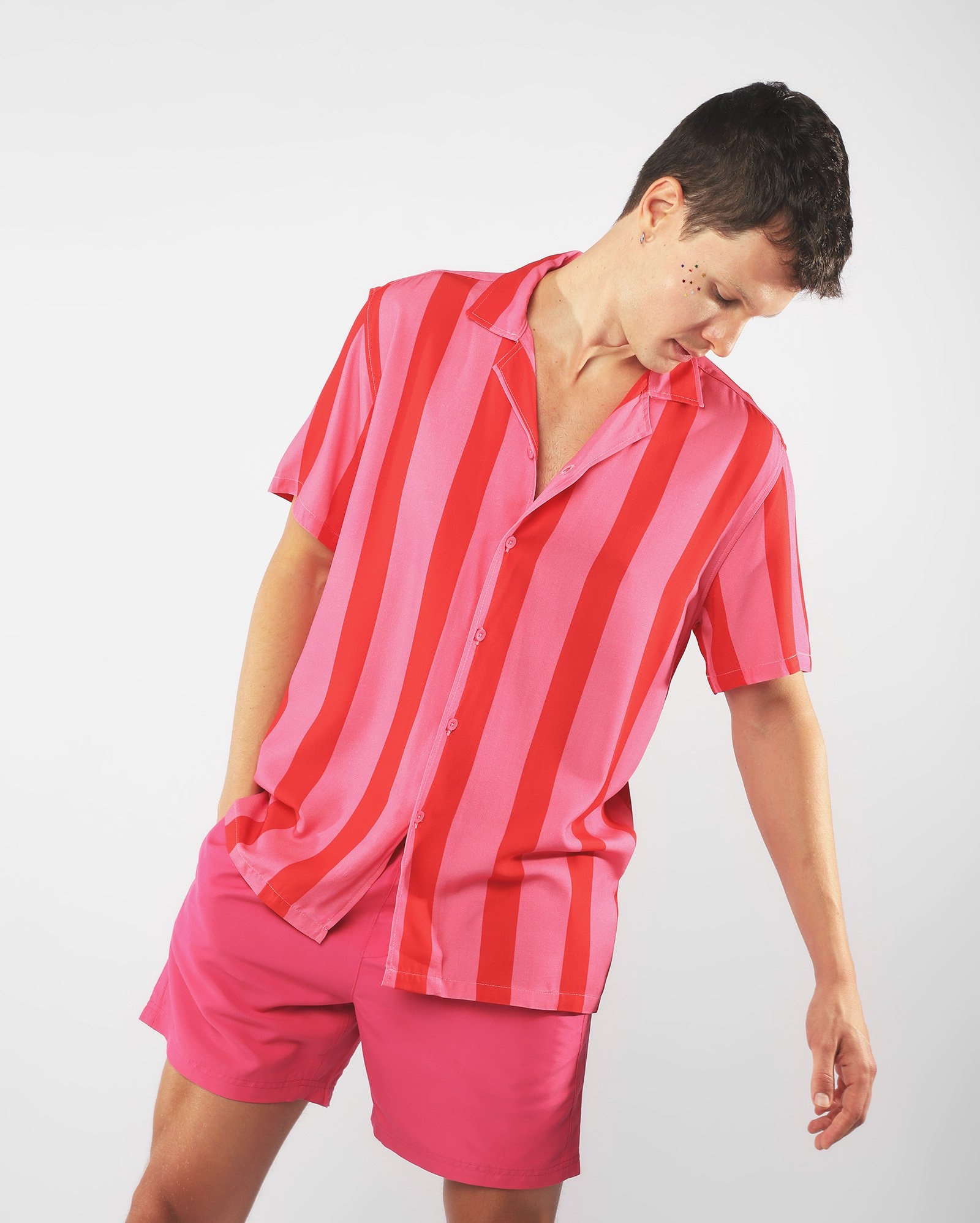 Camisa masculina bowling listrada - rosa