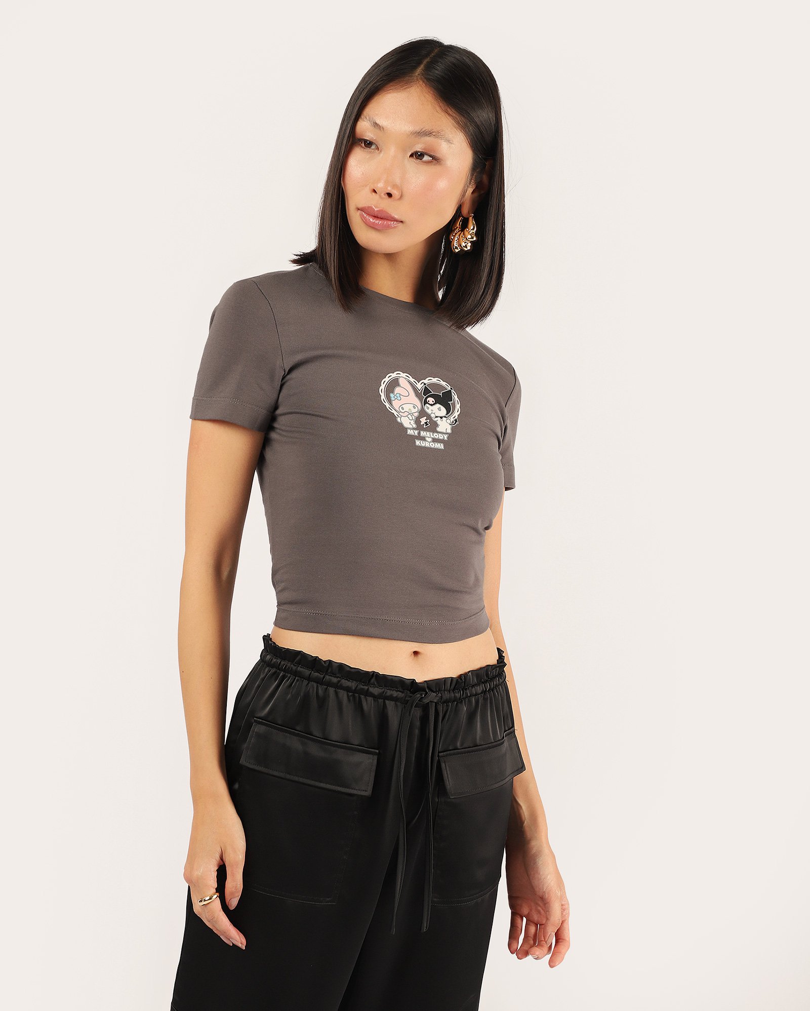 Riachuelo | Camiseta cropped My Melody e Kuromi - cinza | Sanrio