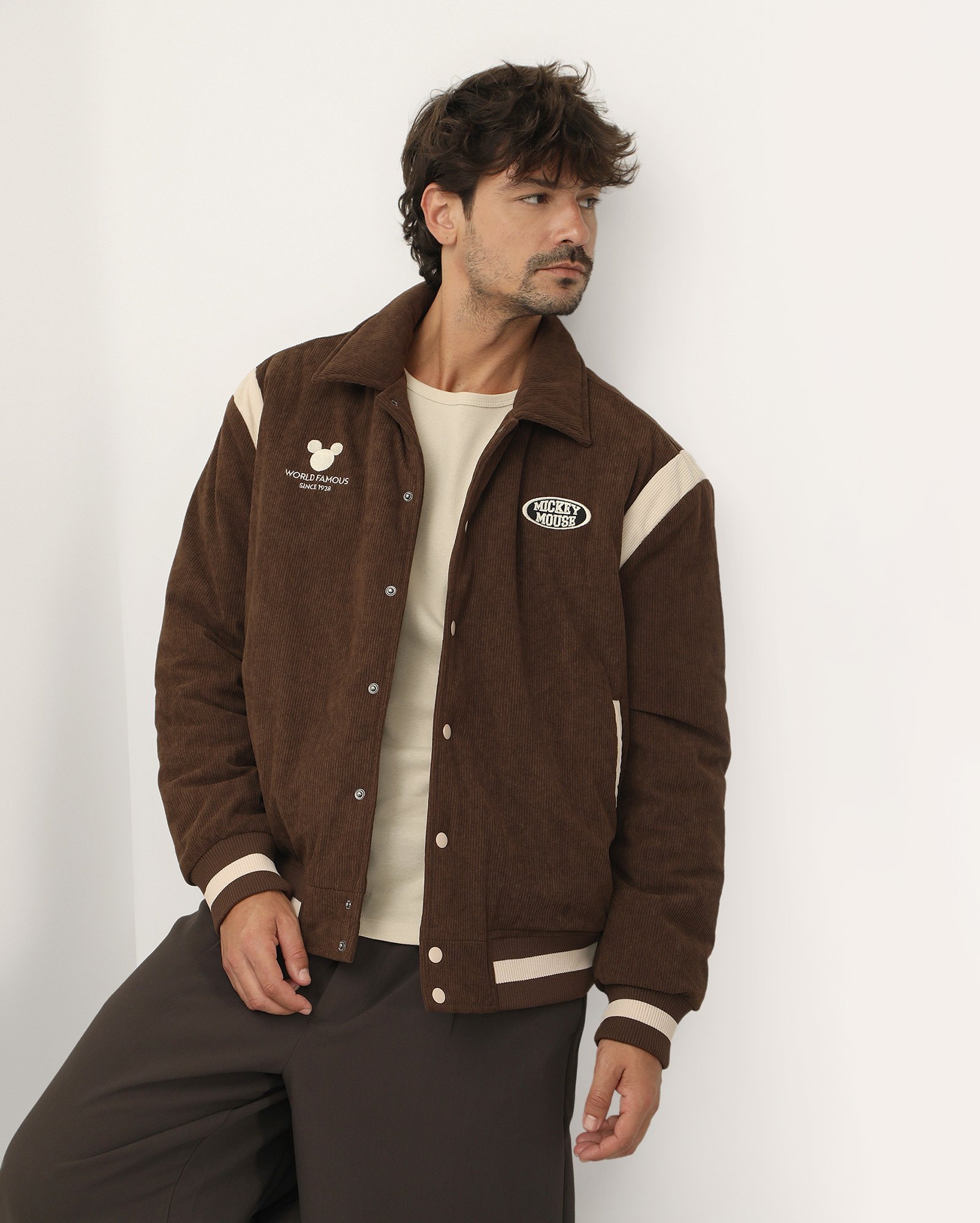 Jaqueta college masculina cotelê Mickey Mouse - marrom | FANLAB
