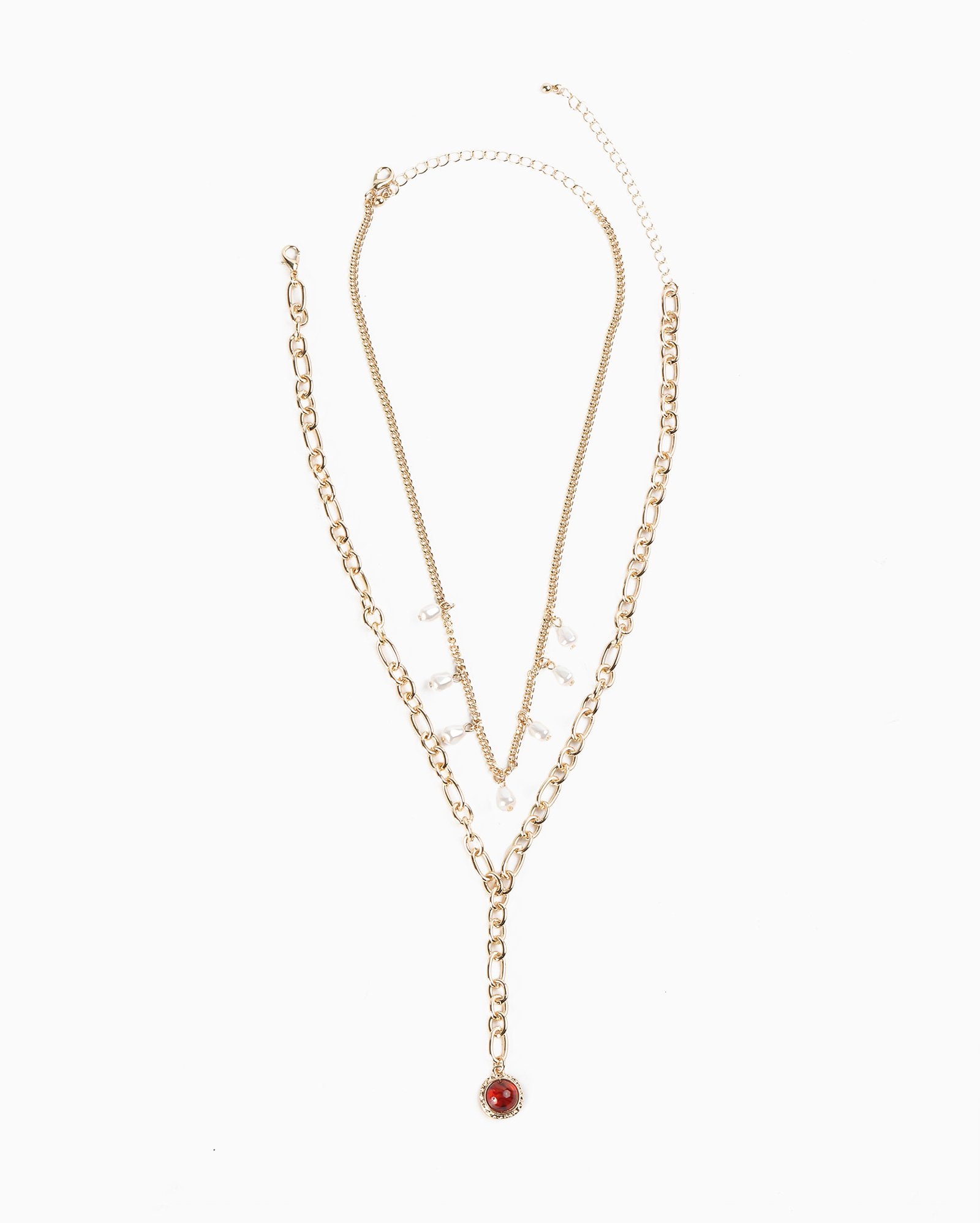 Kit colar feminino 2 peças com pérolas e pingente - dourado