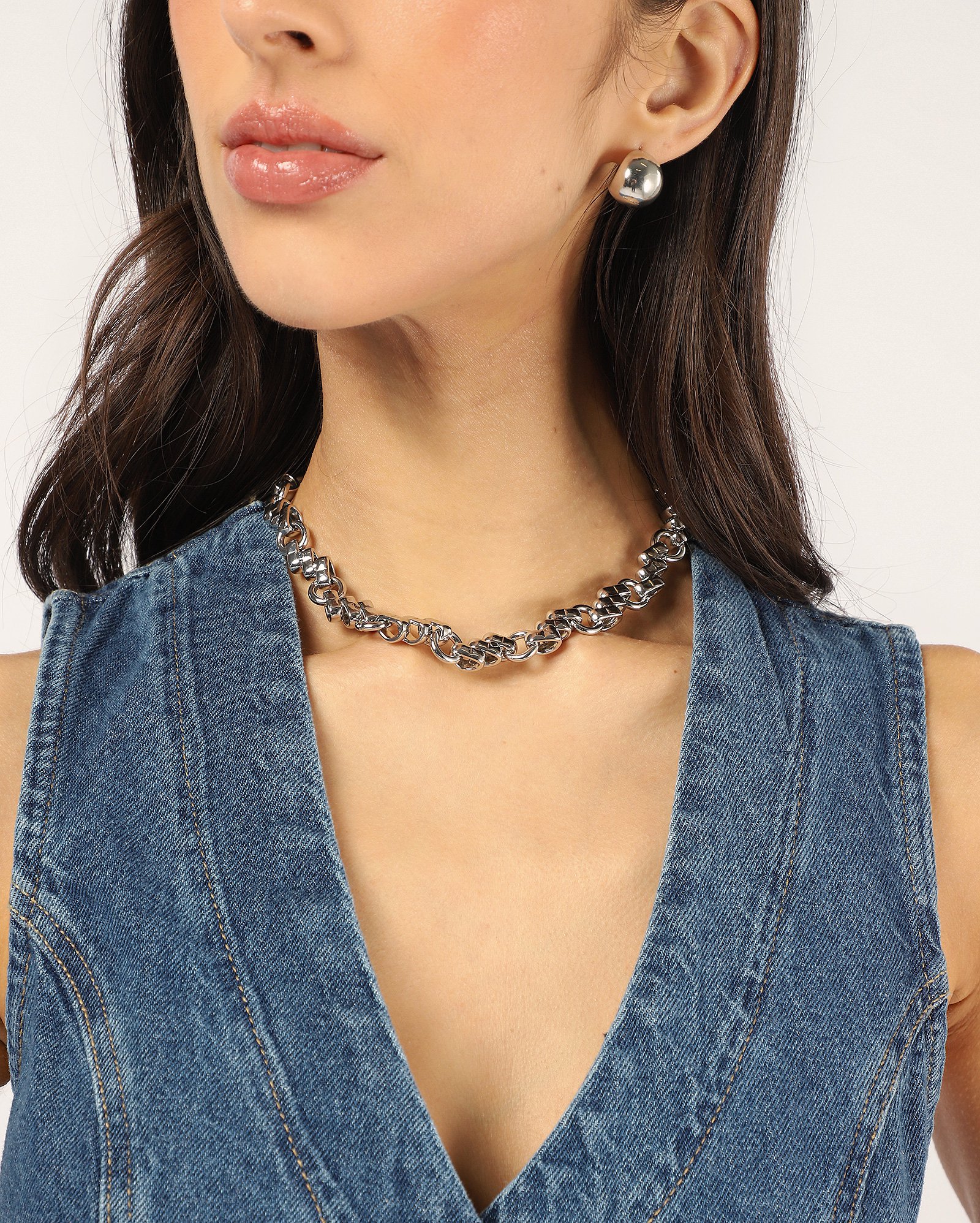 Colar feminino elos metalizados - prata