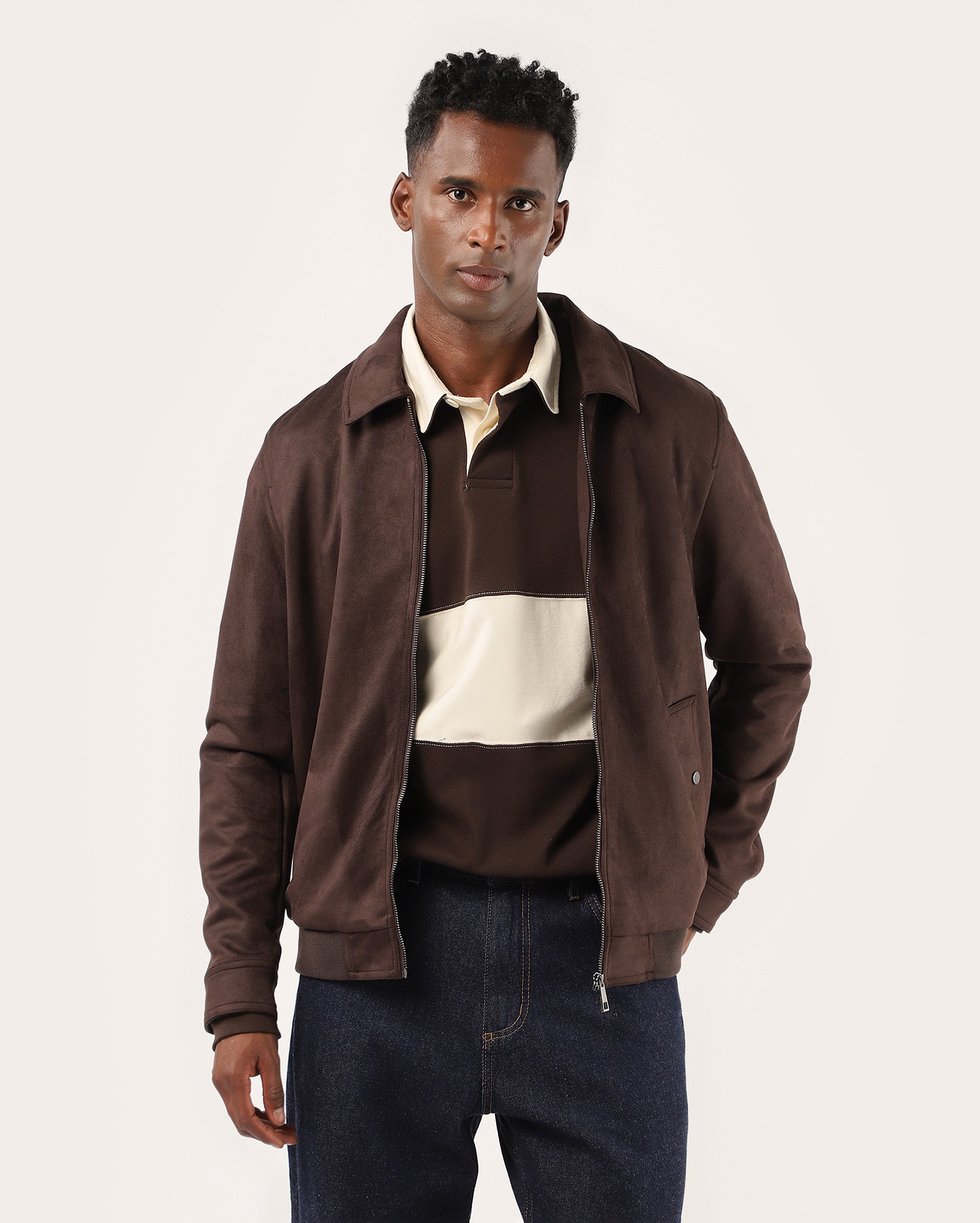 Overshirt masculina de suede com bolso - Marrom Escuro