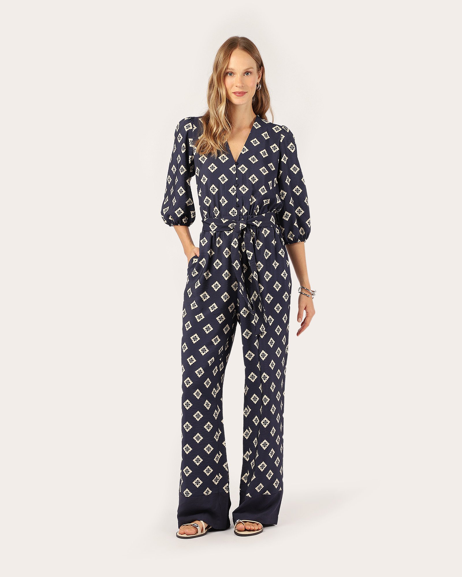 Macacão feminino pantalona estampado - azul