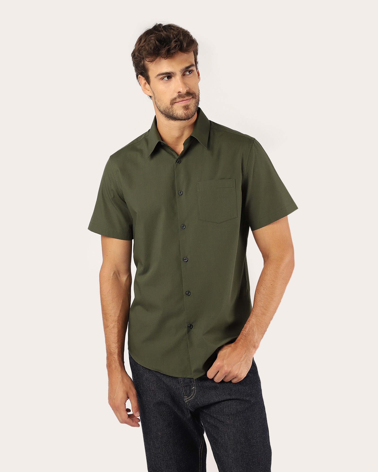 Camisa social masculina regular com bolso - Verde Escuro