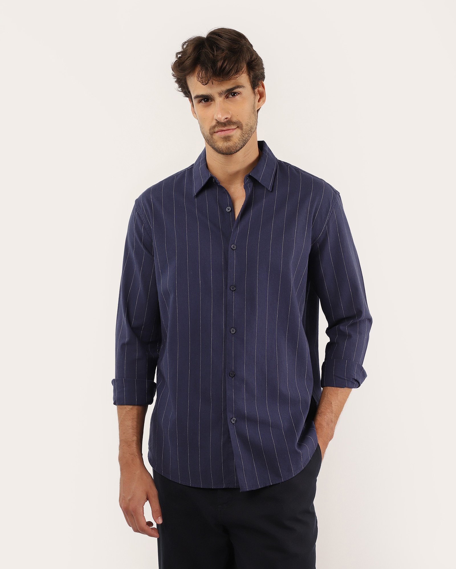 Camisa masculina com linho listrada - azul
