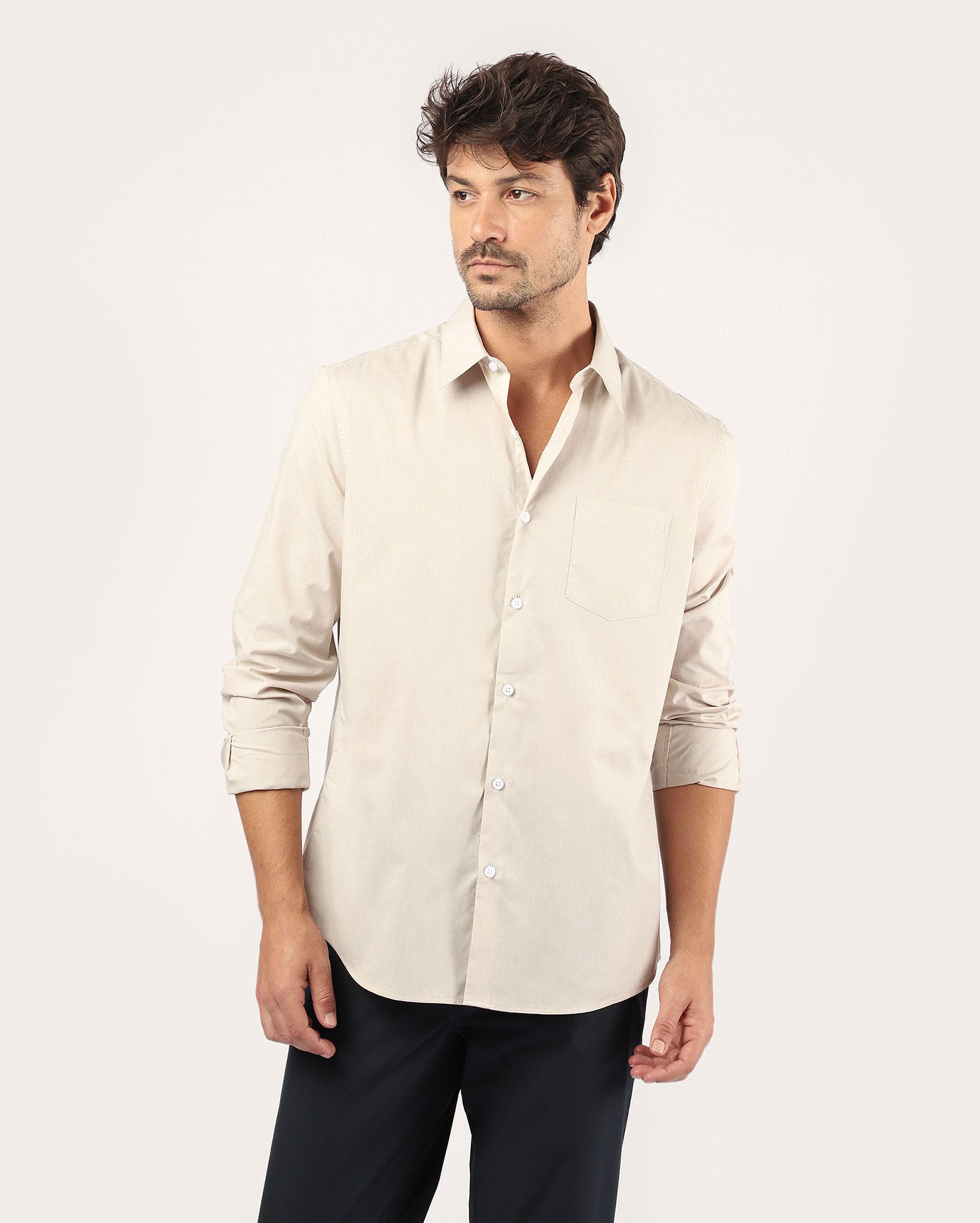 Camisa social masculina manga longa com bolso - Bege Claro