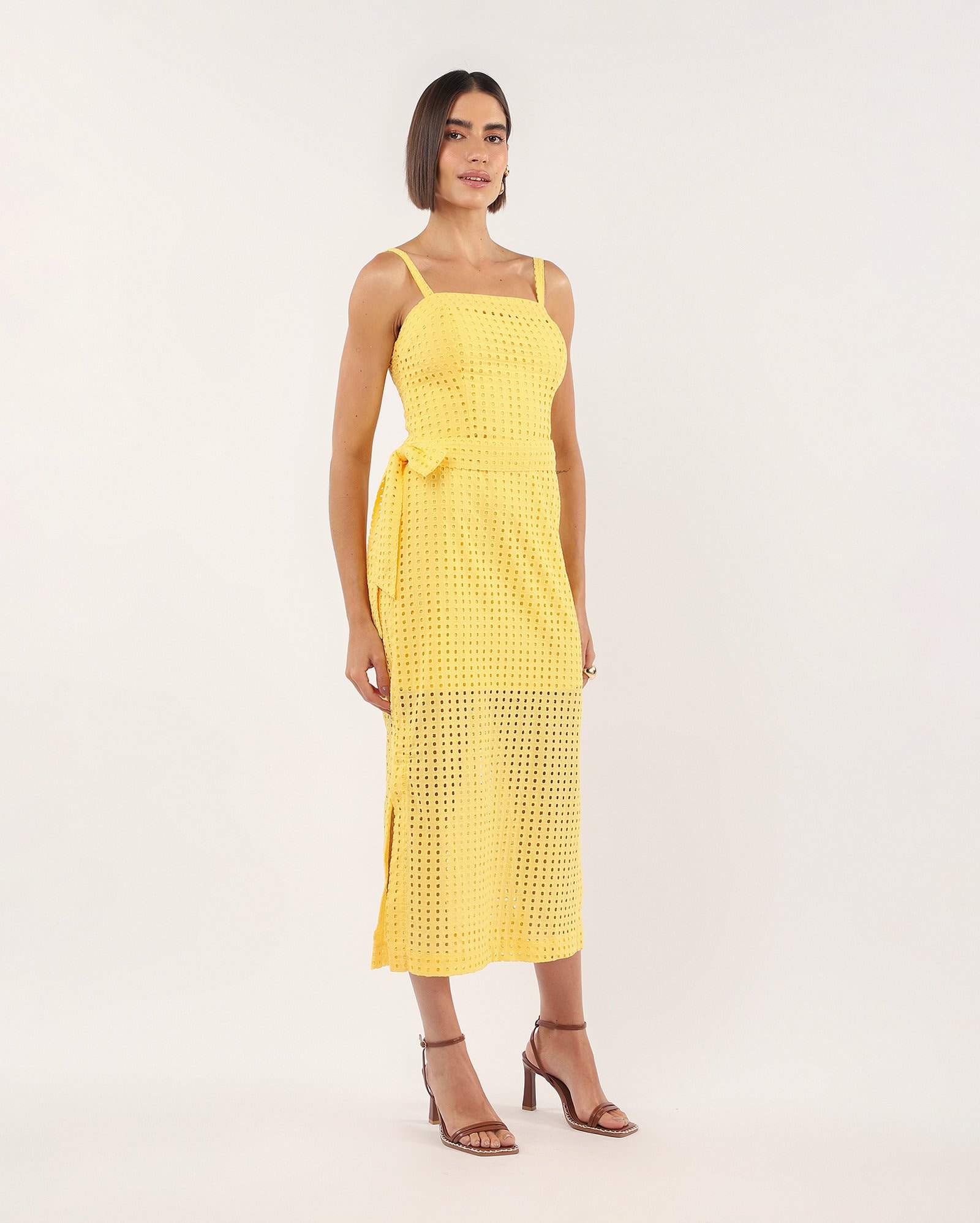 Vestido midi reto laise com amarração - amarela