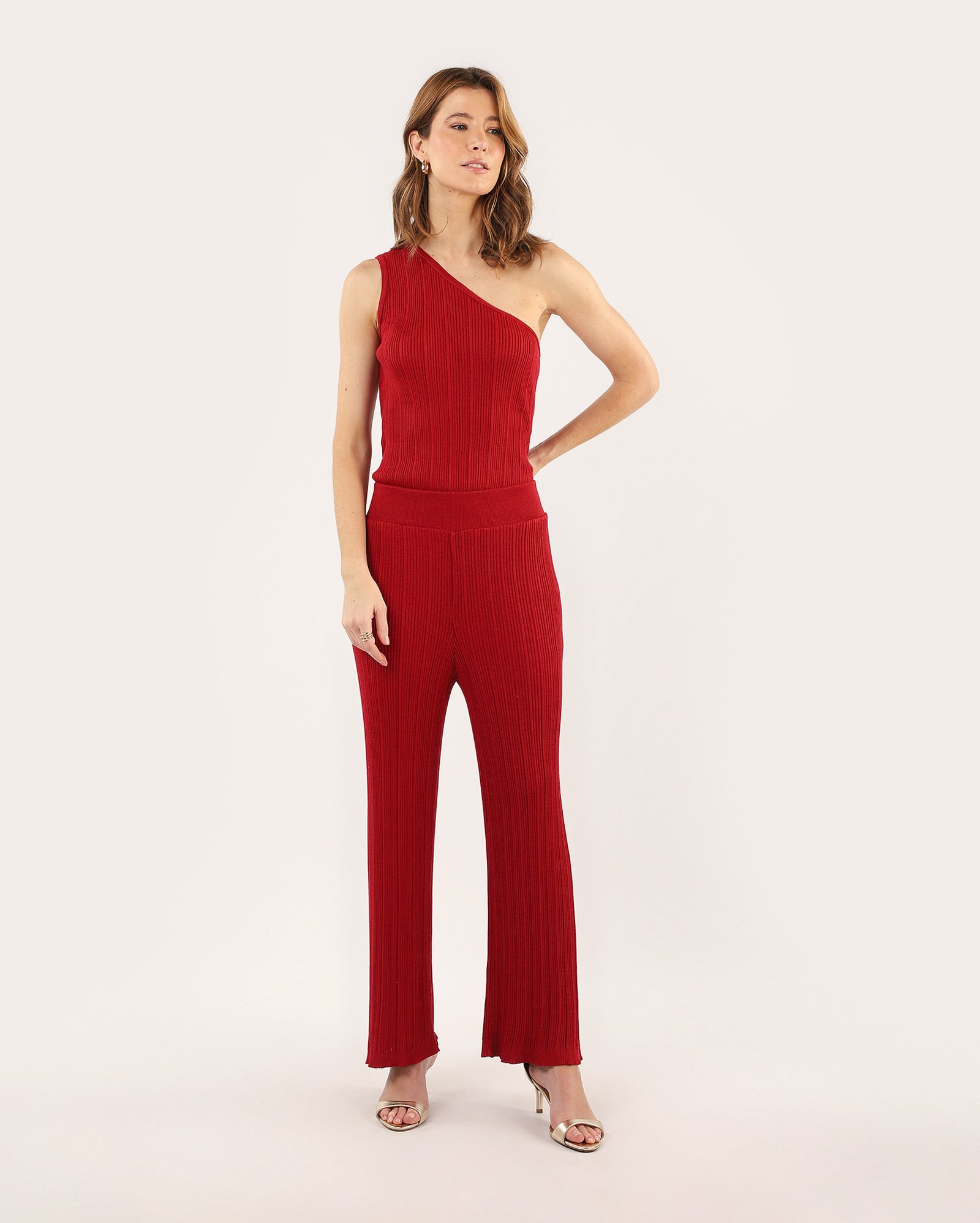 Calça feminina reta em tricot canelado - vermelha — foto 2