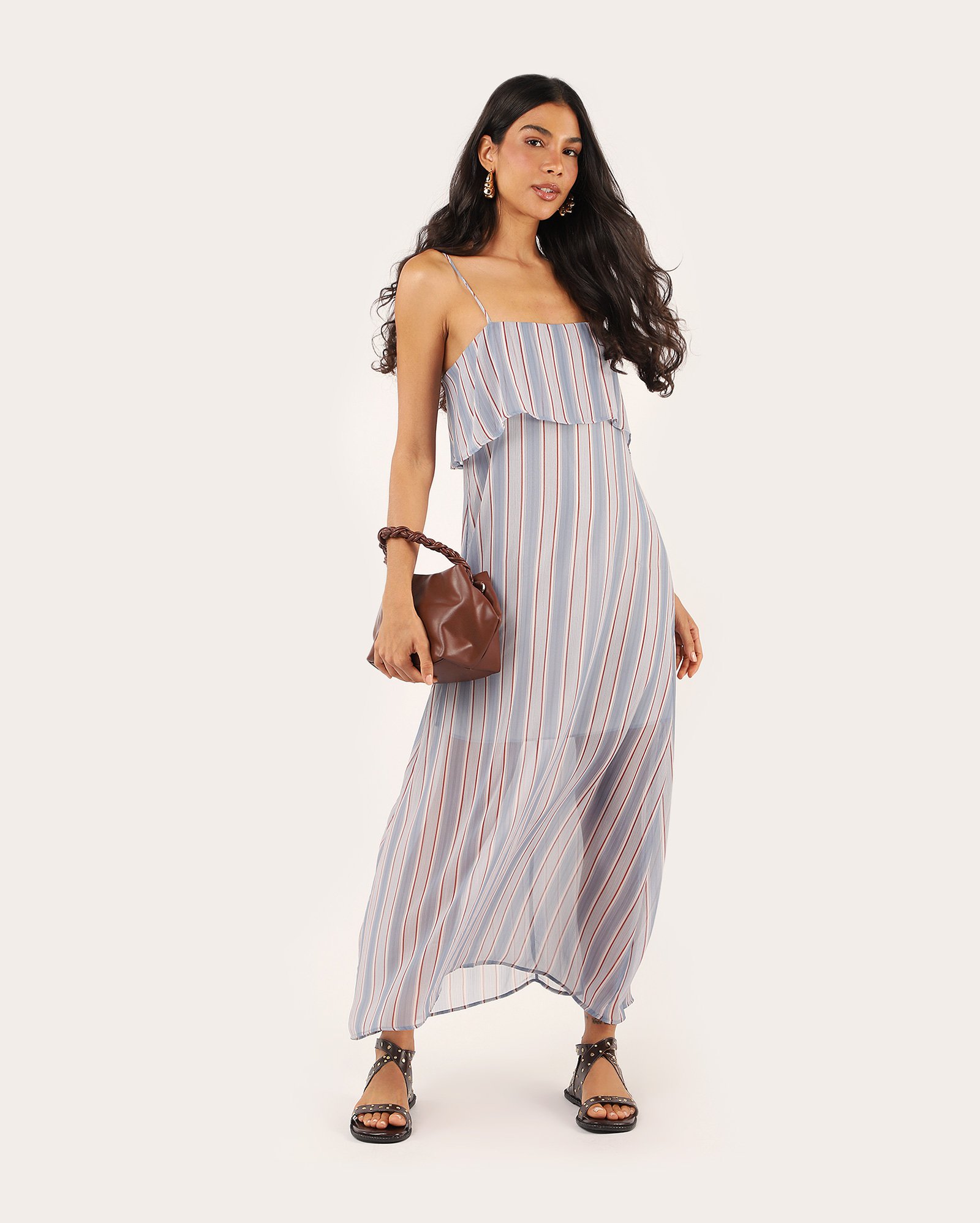 Vestido longo listrado com babado - multicor