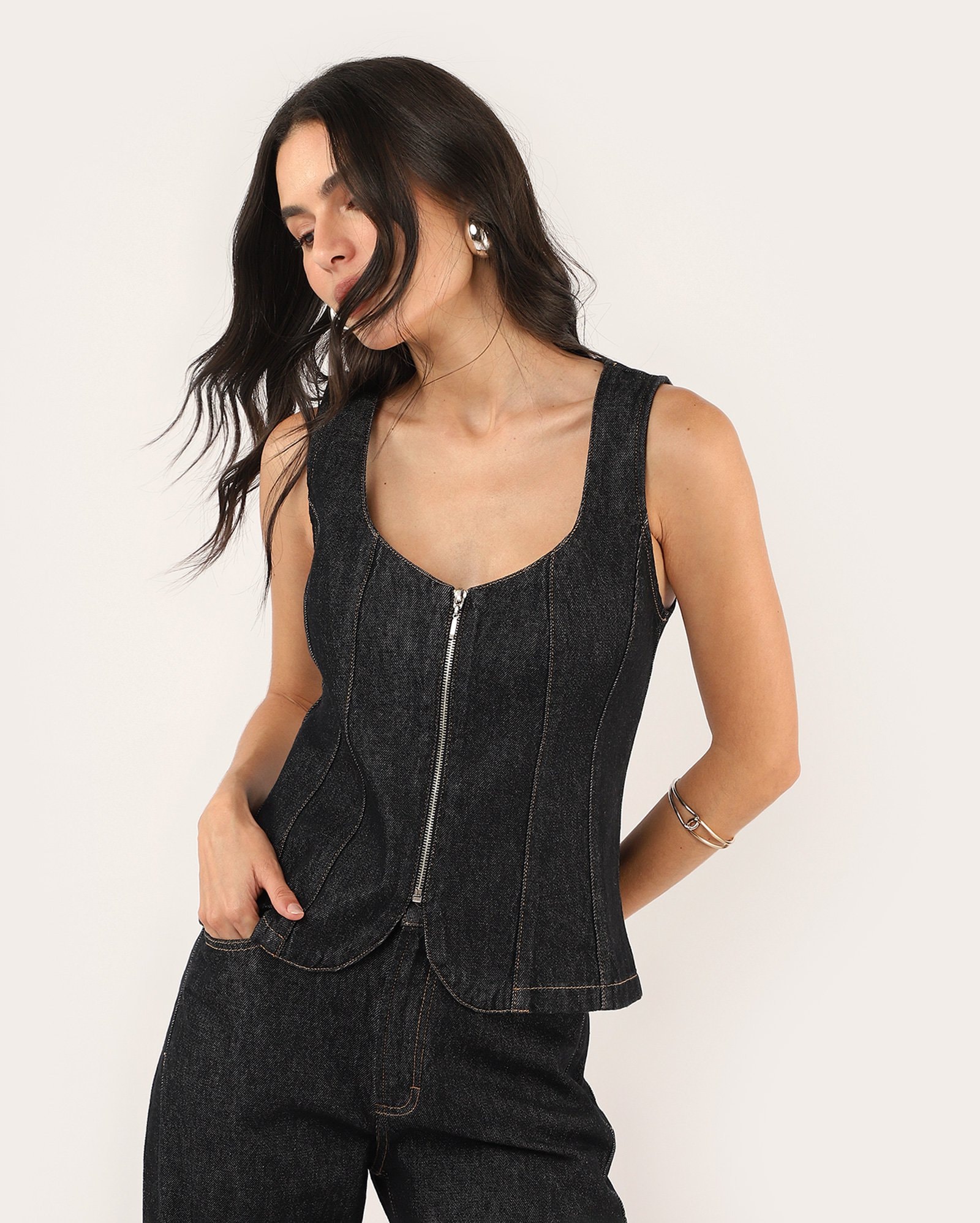 Colete corset jeans feminino - denim escuro | Pool Jeans