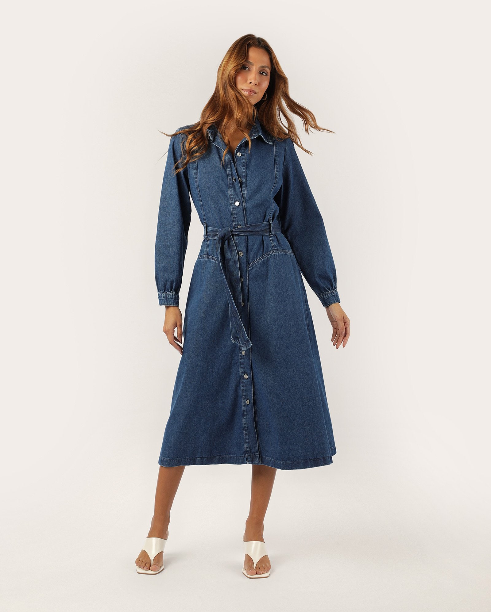 Chemise jeans midi com faixa de amarração - denim escuro | Pool Jeans