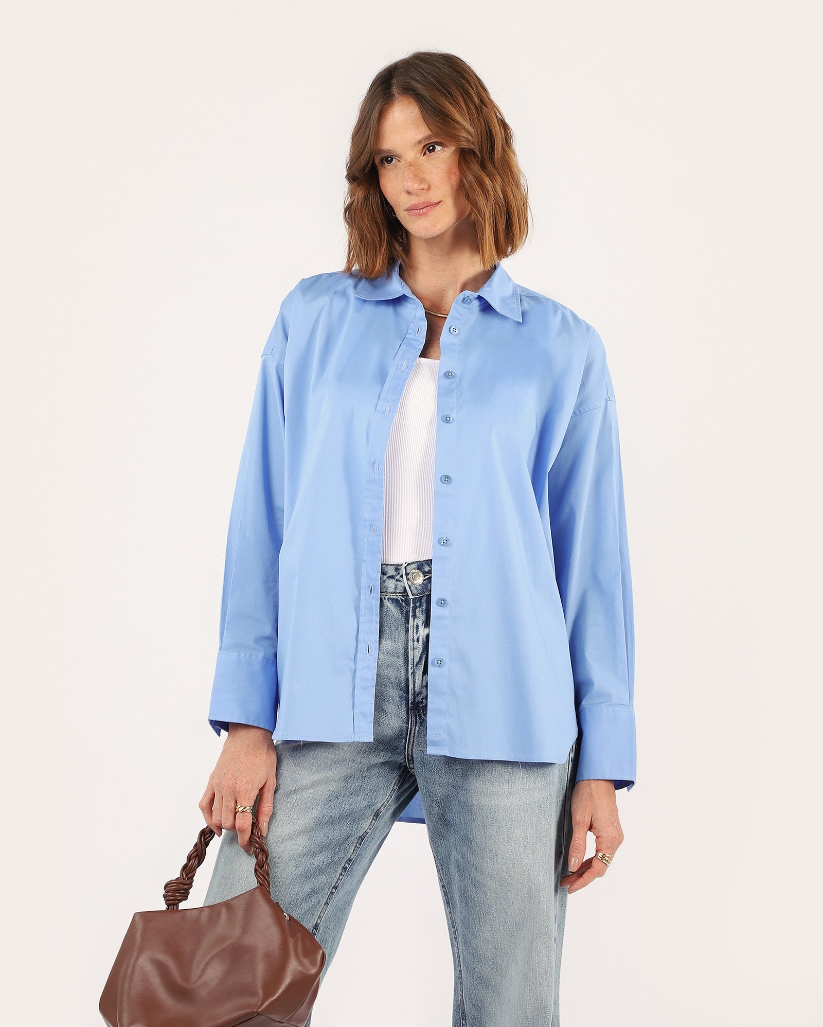 Camisa feminina algodão manga longa - Azul