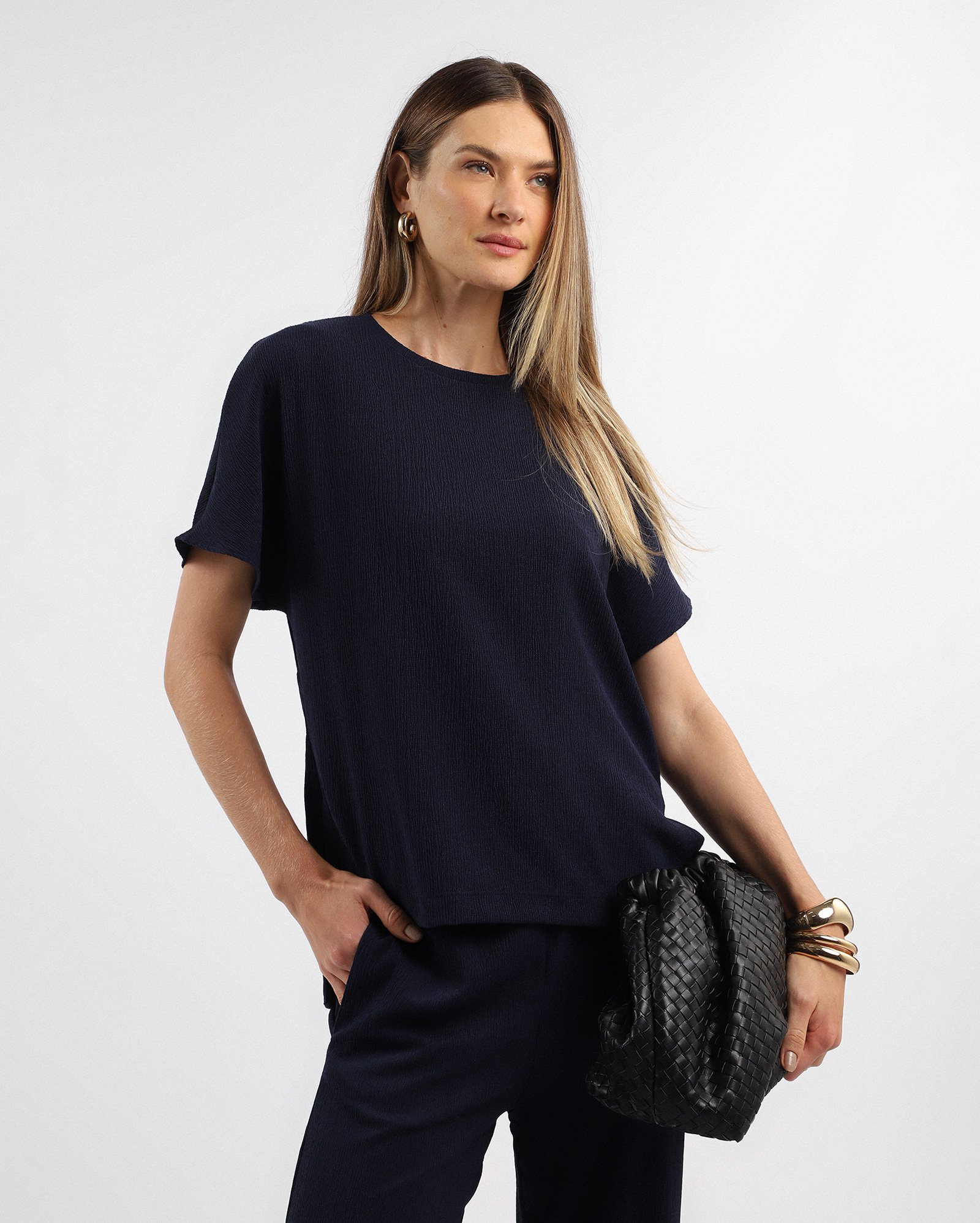 Blusa feminina ampla texturizada - Azul Escuro