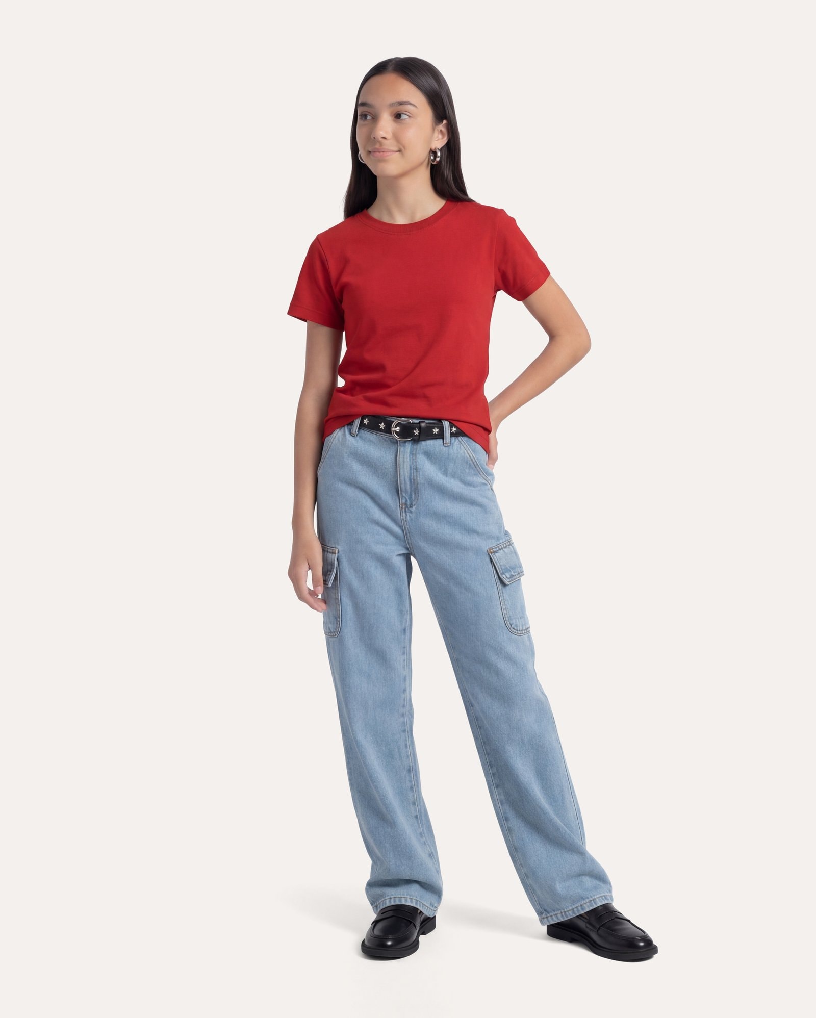 Calça jeans infantil reta cargo 6-14A - denim médio - Jeans Médio