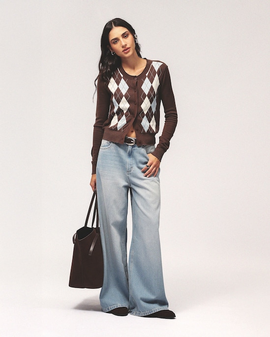 Cardigan feminino tricot argyle - marrom