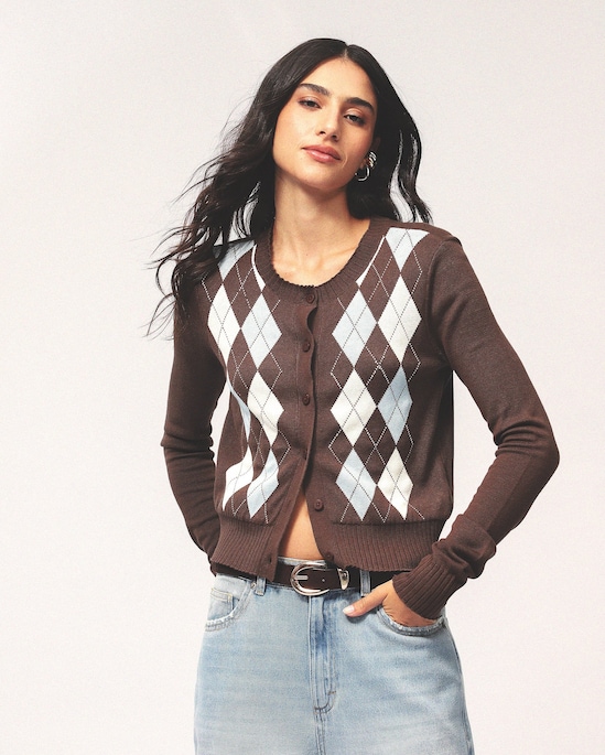 Cardigan feminino tricot argyle - marrom