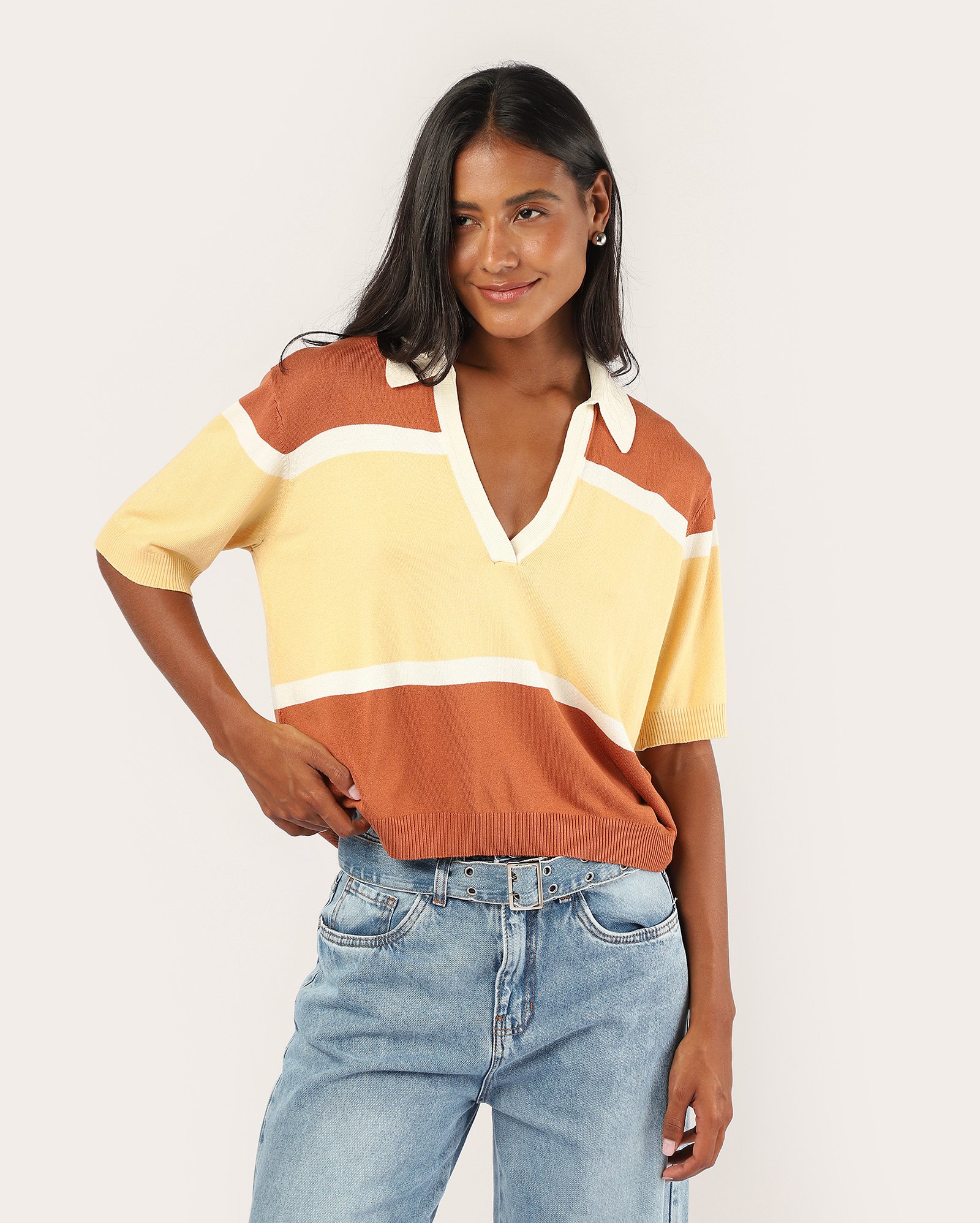 Polo feminina tricot oversized listrada - multicor