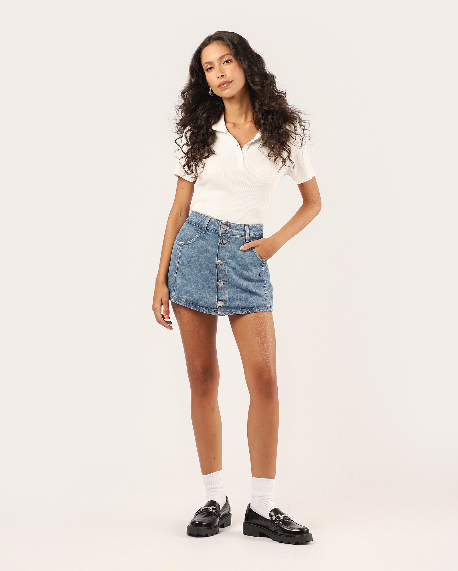 Short-saia jeans com botões - denim médio | Pool Jeans