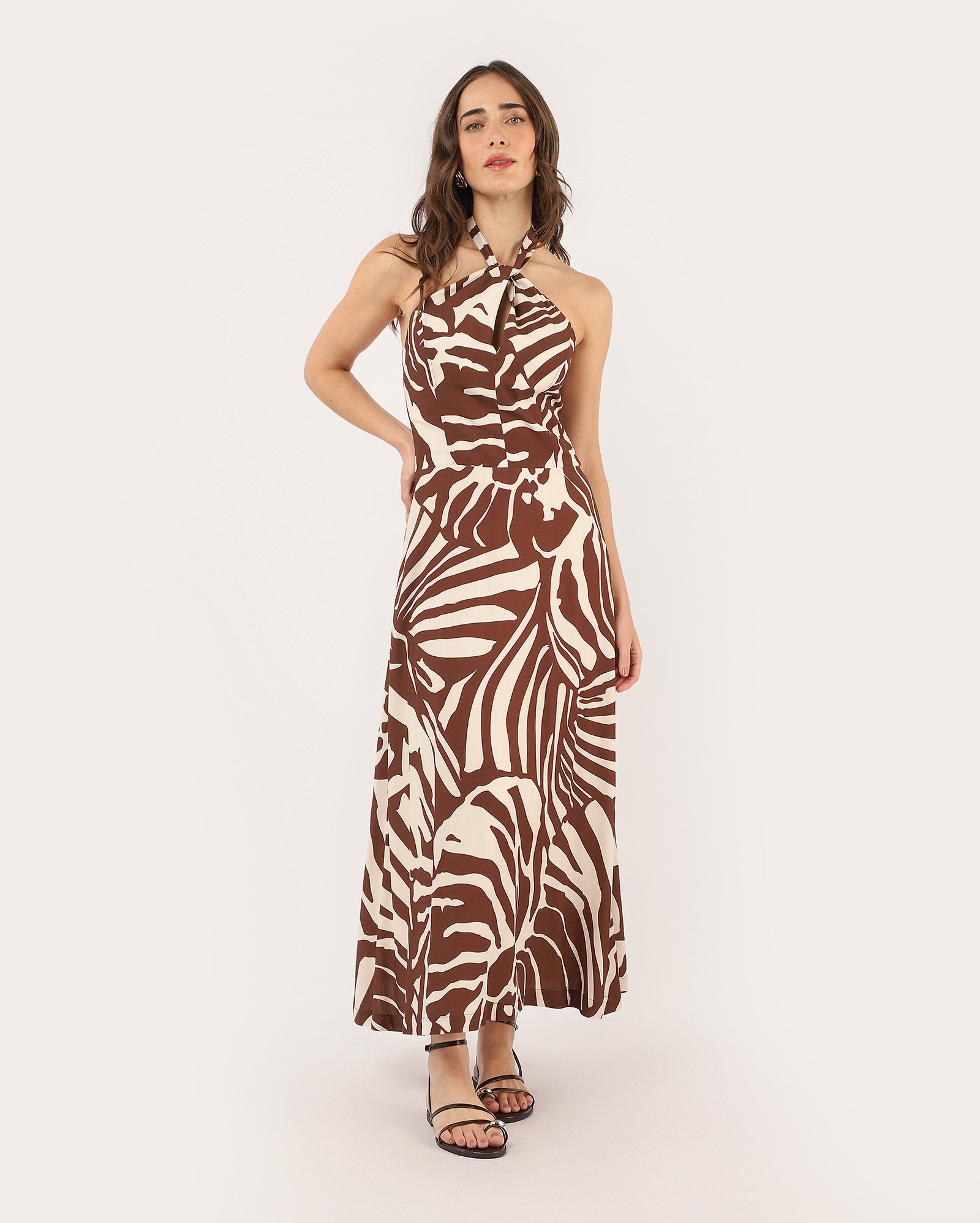 Vestido longo estampado frente única - marrom