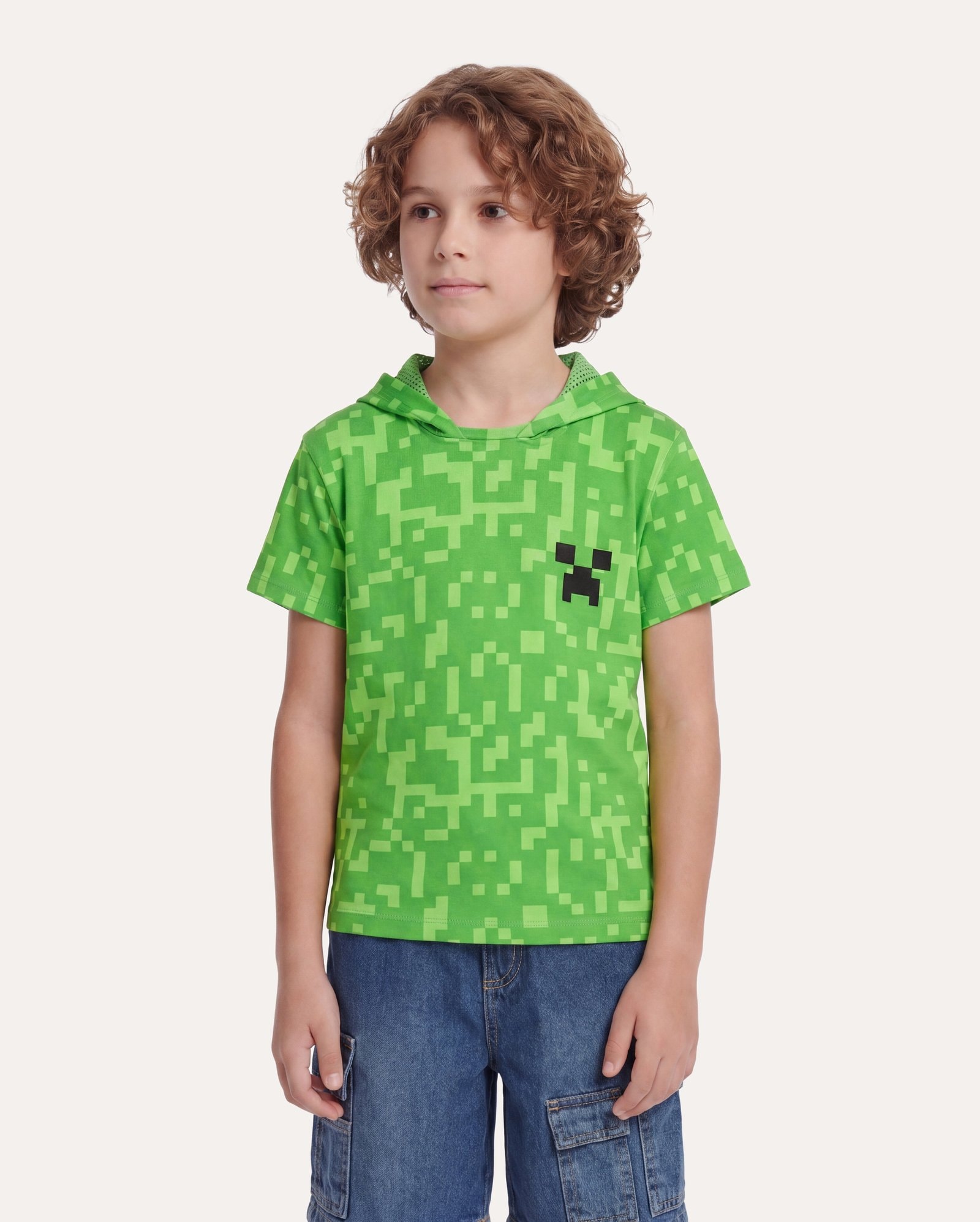 Camiseta infantil Creeper capuz com tela 4-12A - verde | Minecraft
