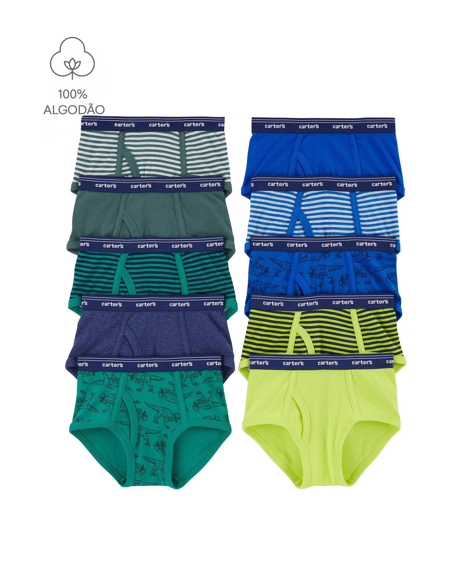 Kit cueca infantil slip 10 peças listras dinossauros - multicor | Carter's