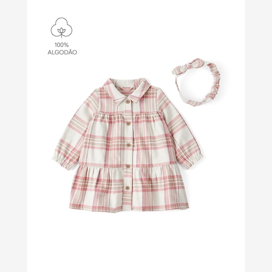 Vestido bebê xadrez com calcinha e faixa de cabelo - bege | Carter's